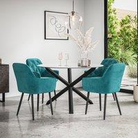 More4Homes Malvern Round Dining Table & Chairs - Clear Glass Table Top w Solid Oak Black Legs + Anika Velvet Dining Chair Set Of 4 in Blue