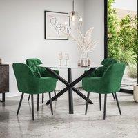 More4Homes Malvern Round Dining Table & Chairs - Clear Glass Table Top w Solid Oak Black Legs + Anika Velvet Dining Chair Set Of 4 in Green