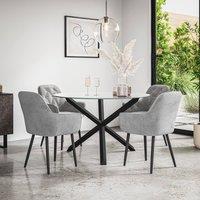 More4Homes Malvern Round Dining Table & Chairs - Clear Glass Table Top w Solid Oak Black Legs + Anika Velvet Dining Chair Set Of 4 in Grey