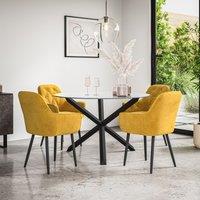 More4Homes Malvern Round Dining Table & Chairs - Clear Glass Table Top w Solid Oak Black Legs + Anika Velvet Dining Chair Set Of 4 in Mustard