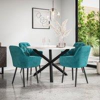 More4Homes Malvern Round Dining Table & Chairs - Oak Table Top w Solid Oak Black Legs + Anika Velvet Dining Chair Set Of 4 in Blue