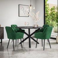 More4Homes Malvern Round Dining Table & Chairs - Black Table Top w Solid Oak Black Legs + Anika Velvet Dining Chair Set Of 4 in Green