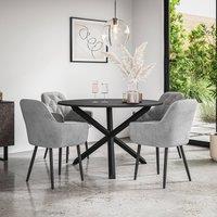 More4Homes Malvern Round Dining Table & Chairs - Black Table Top w Solid Oak Black Legs + Anika Velvet Dining Chair Set Of 4 in Grey