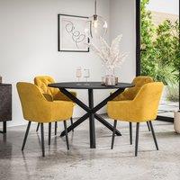 More4Homes Malvern Round Dining Table & Chairs - Black Table Top w Solid Oak Black Legs + Anika Velvet Dining Chair Set Of 4 in Mustard