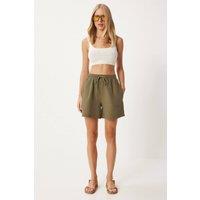 Happiness Istanbul Women's High Waist Wide Leg Cotton Shorts in Khaki | Size: XL