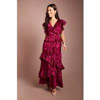 Coast Women's V Neck Satin Jacquard Ruffle Midi Dress in Burgundy | Size: 14