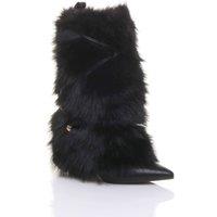 AJVANI Women's High Block Heel Furry Fluffy Yeti Pointed Calf Boots in Black | Size: 6