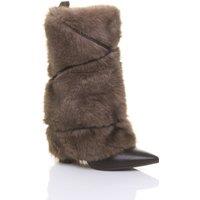 AJVANI Women's High Block Heel Furry Fluffy Yeti Pointed Calf Boots in Brown | Size: 8