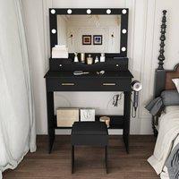 Matteo Women's Black Hollywood Mirror Dressing Table With Lights & Stool