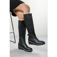 Where's That From Women's 'Jaxelle' Knee High Wedge Heel Boots with Buckle Strap in Black | Size: 6