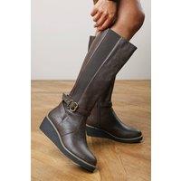 Where's That From Women's 'Jaxelle' Knee High Wedge Heel Boots with Buckle Strap in Brown | Size: 5