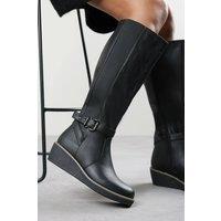 Where's That From Women's 'Jaxelle' Wide Fit Knee High Wedge Heel Boots with Buckle Strap in Black | Size: 4-Wide Fit