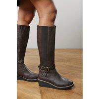 Where's That From Women's 'Jaxelle' Wide Fit Knee High Wedge Heel Boots with Buckle Strap in Brown | Size: 6-Wide Fit