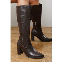Where's That From Women's 'Kirelle' Knee High Pointed Toe Block Heeled Boots in Dark Brown | Size: 4