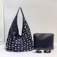PEACH ACCESSORIES Women's Crystals Slouchy Shoulder Bag with Pouch in Black