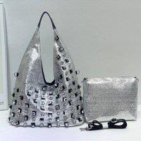 PEACH ACCESSORIES Women's Crystals Slouchy Shoulder Bag with Pouch in Silver