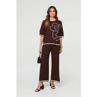 Izabel London Women's Floral Trim Top & Trousers Co-Ord Set in Brown | Size: Large