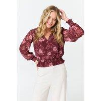 Izabel London Women's Floral Long Sleeve Ruched Wrap Blouse in Red | Size: 14