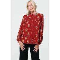 Izabel London Women's Floral High Neck Long Sleeve Shirt in Red | Size: 16