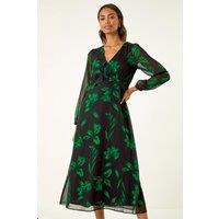 Roman Women's Floral Frill Chiffon Midi Dress in Green | Size: 10