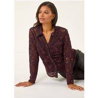 Roman Women's Sequin Lace Collared Blouse in Wine | Size: 10