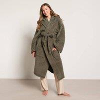 OHS Teddy Fleece Long Dressing Gown Warm House Coat Hooded in Dark Green