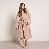 OHS Teddy Fleece Long Dressing Gown Warm House Coat Hooded in Natural