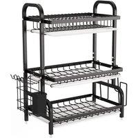 FLAVORA 3 Tier Dish Drainer Rack with Drip Tray Cutlery Holder in Black | Size: 0.6m2