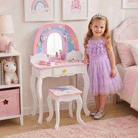 Teamson Kids Play Vanity with Mirror, Pegs & Stool, Rainbow Unicorn in White