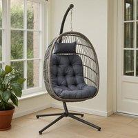 Samuel Alexander Grey Rattan Hanging Egg Chair with Stand & Cushions for Indoor Use