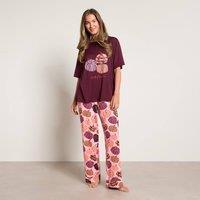 OHS Autumn Pumpkin Print Short Sleeve Soft Pyjama Set Nightwear in Burgundy | Size: S/M