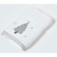 Homescapes Silver Christmas Tree Embroidered 100% Cotton Hand Towel in White