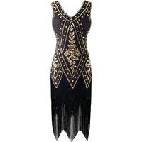 MODISHION Women's Elegant Retro Dress with Tassels & Sequins in Black | Size: Small