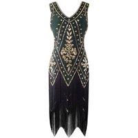 MODISHION Women's Elegant Retro Dress with Tassels & Sequins in Dark Green | Size: Large