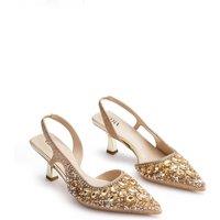 MODISHION Women's Pointed Closed Toe Slingback Heels in Gold | Size: 6.5