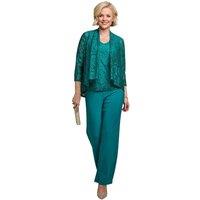 Amber Women's Three Piece Lace Trim Top & Trouser Co-Ord Set in Dark Green | Size: 16R