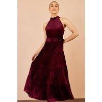 Yumi Women's Velvet Halter Midi Dress With Belt in Burgundy | Size: 14