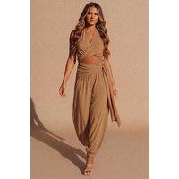 Femme Luxe Women's Halterneck Wrap Crop Top & Jogger Co-Ord Set in Camel | Size: 12