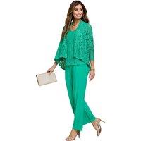 Amber Women's Three Piece Lace Trim Top & Trouser Co-Ord Set in Green | Size: 16R