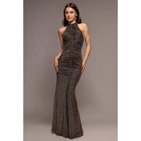 Goddiva Women's Halter Neck Front Gathered Backless Glitter Maxi Dress in Gold | Size: 18