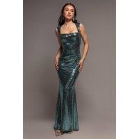 Goddiva Women's Sleeveless Princess Seam Sequin Mermaid Maxi Dress in Green | Size: 8