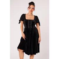 Hell Bunny Women's Disenchanted Black Velvet Lace Up Puff Sleeve Midi Dress | Size: 4XL
