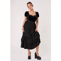 Hell Bunny Women's Disenchanted Black Lace Velvet Ribbon Frill Tiered Midi Skirt