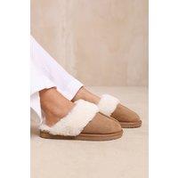 Where's That From Women's Comfort Trim Mule Slipper in Camel | Size: 5