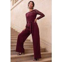 Roman Women's Petite Lace Contrast Stretch Jumpsuit in Wine | Size: 14