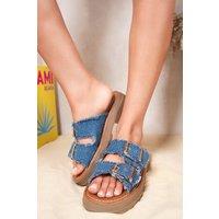 IKRUSH Women's Madelina Double Buckle Denim Platform Sandals in Navy | Size: 5