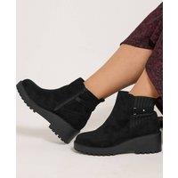 Yours Women's Buckle Detail Wedge Heel Boots In Extra Wide EEE Fit in Black | Size: 10EEE