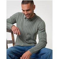 threadbare Men's Textured Cable Knit Polo Jumper in Green | Size: Small