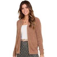 Amber Women's Feather Yarn Soft Knit Zip Cardigan with Pockets in Camel | Size: 12-14