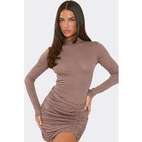 EGO Women's Long Sleeve Ruched Mini Dress in Taupe | Size: 6
